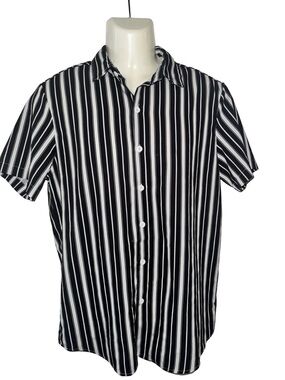 SHEIN Black & White Vertical Stripe Short Sleeve Button-Up Shirt